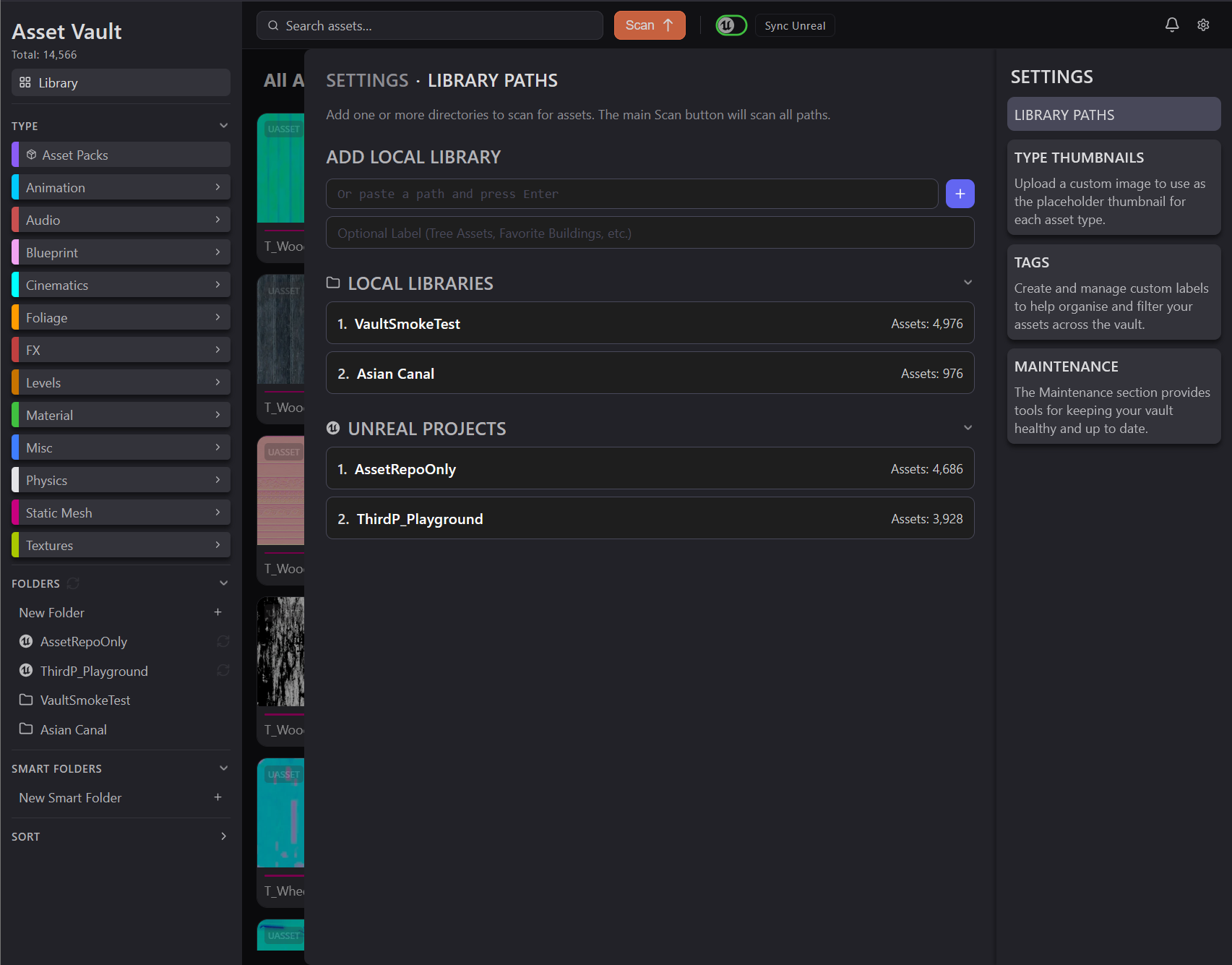 The type nav, modeled on Unreal's Content Browser filters, each type color-coded.