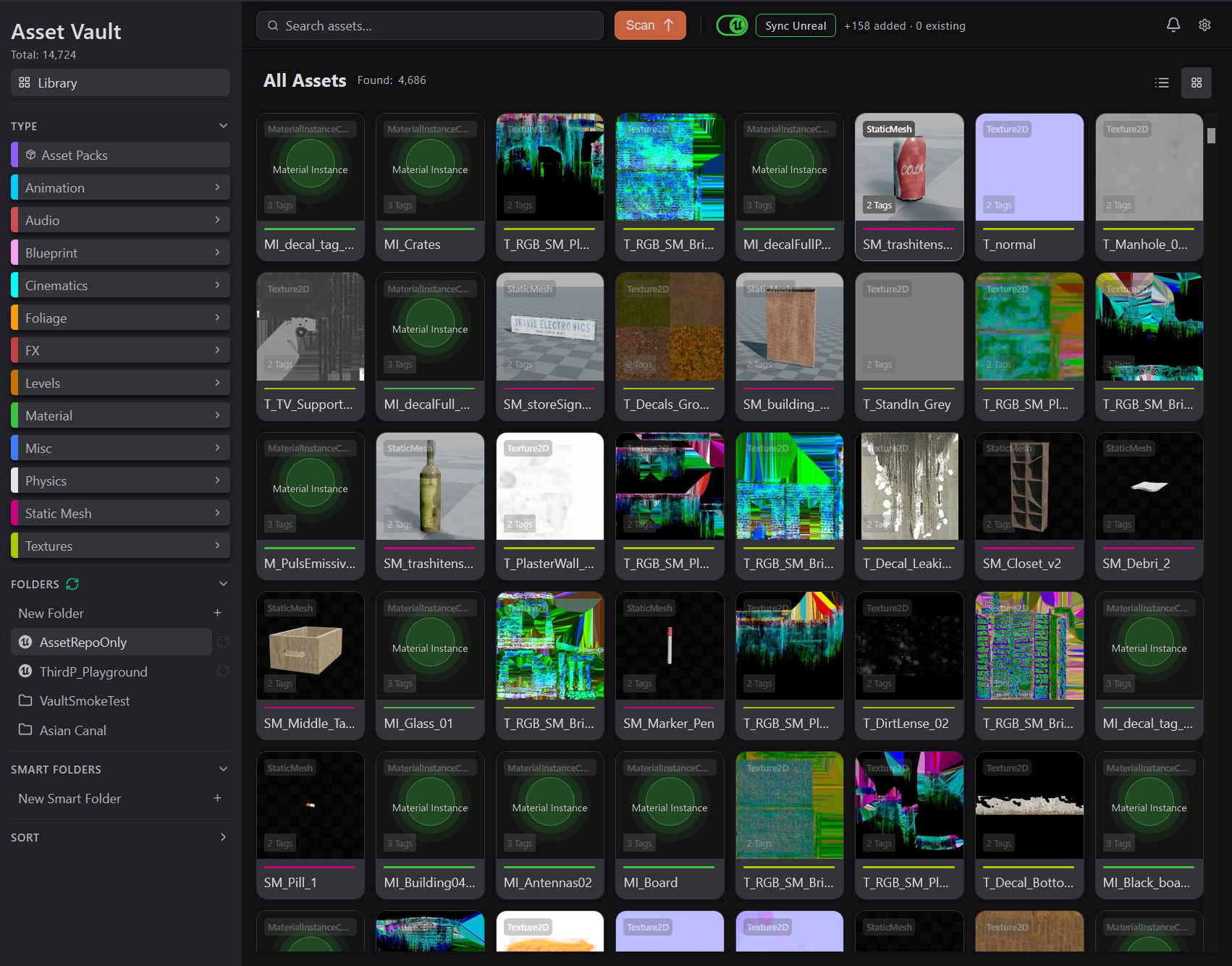 The library at scale, with every thumbnail pulled straight out of the .uasset binaries without opening Unreal.