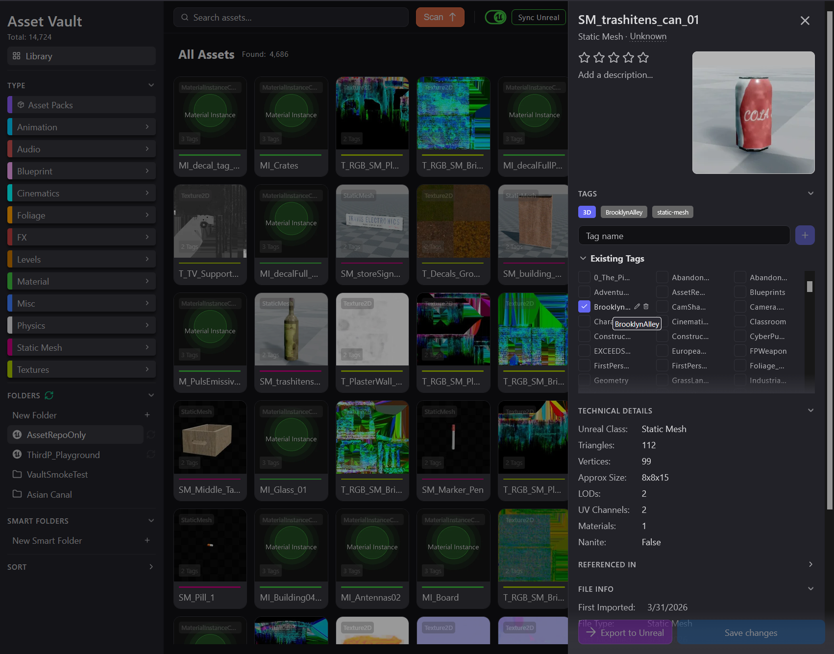 The detail drawer: metadata read from the file, and a one-click export into the synced Unreal project.