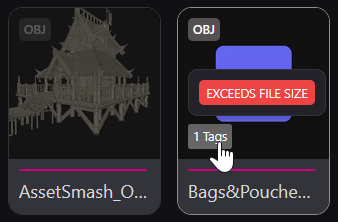 Same format, different outcome: one OBJ renders, the other trips the 250 MB gate and gets a placeholder plus a red EXCEEDS FILE SIZE tag. The files are 227 MB and 904 MB.
