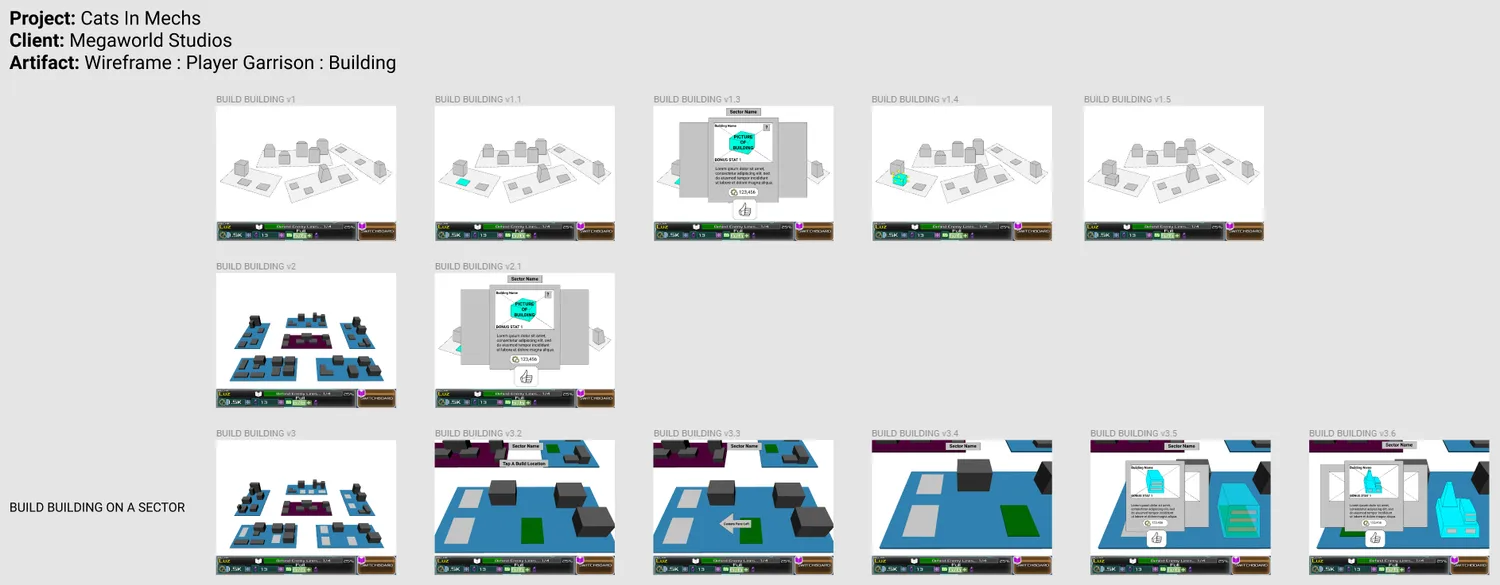 Wireframe board — building on a garrison sector, step by step.