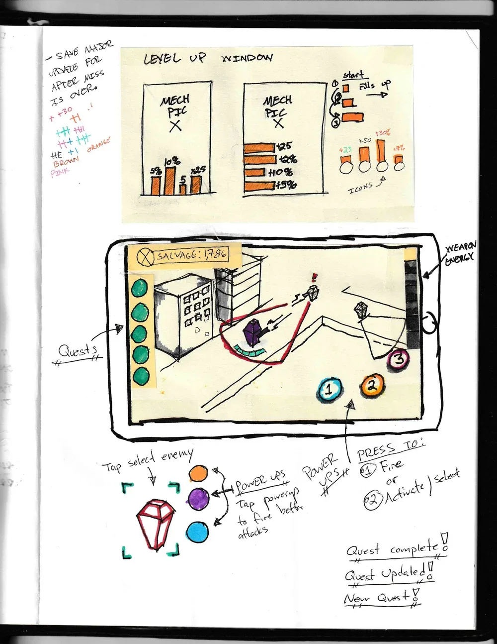 Notebook concepts — level-up window and the in-game HUD (quests, power-ups, weapon energy).