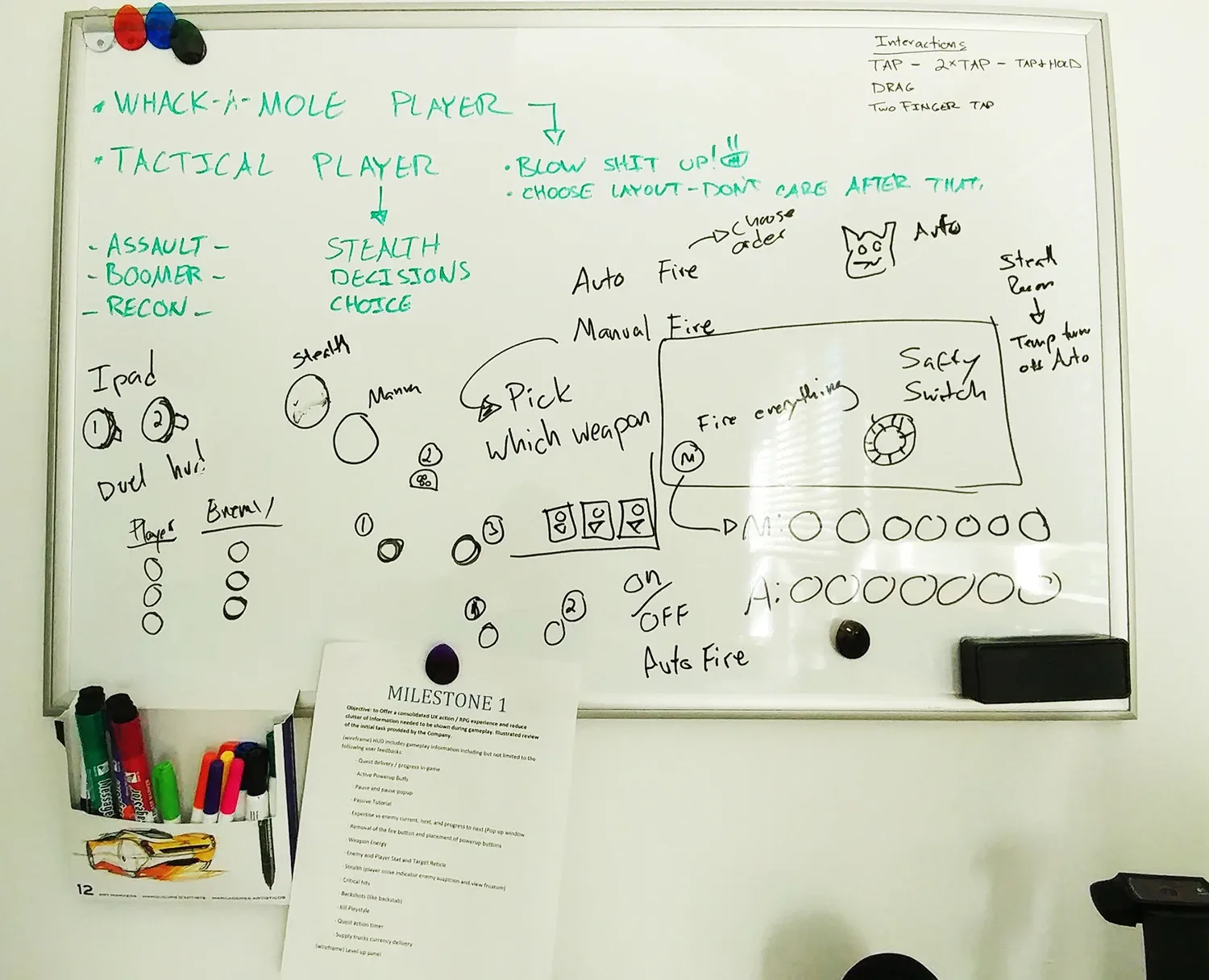 Whiteboard ideation — player types, touch interactions, and weapon-fire concepts against the Milestone 1 brief.