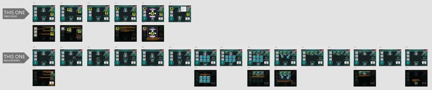 Screen-flow board comparing two layout directions across the full menu flow.