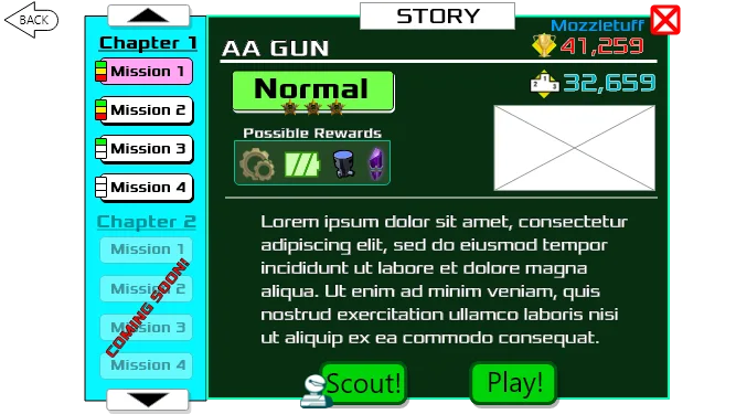 Low-fi mission-select wireframe.