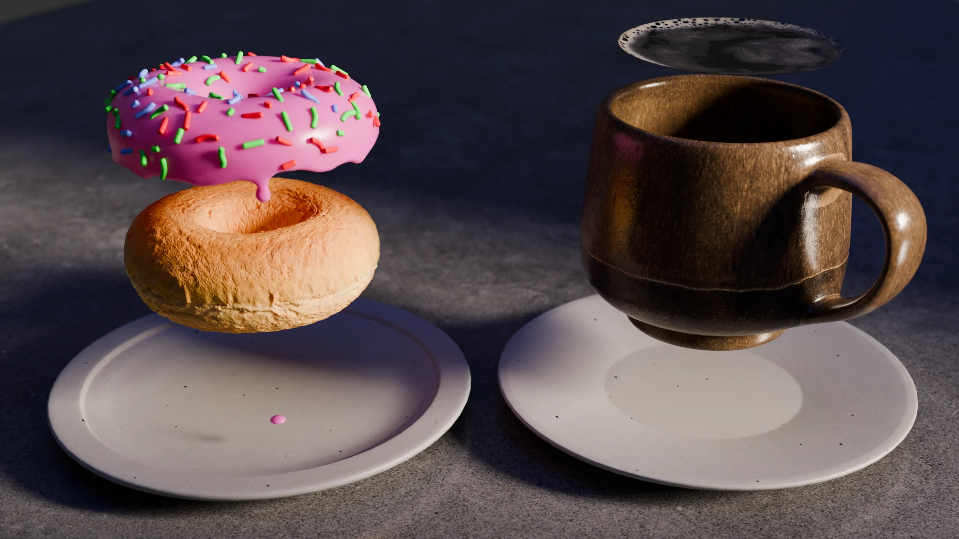 The scene taken apart — icing lifted off the bread, the coffee surface off the mug. Every piece is its own object.