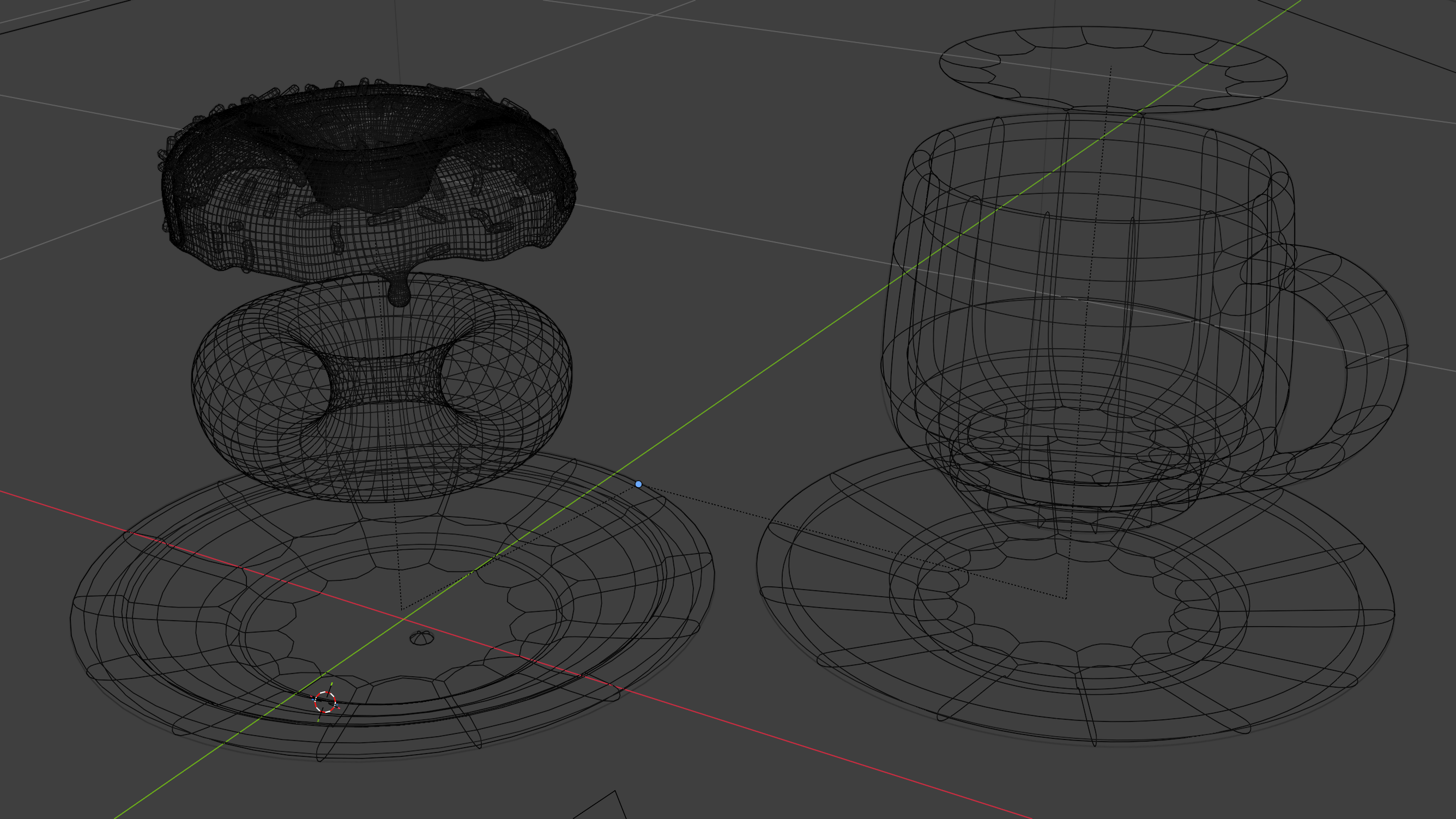 The same arrangement in wireframe. The donut and the mug carry nearly all the geometry; the plates and the table are almost nothing.