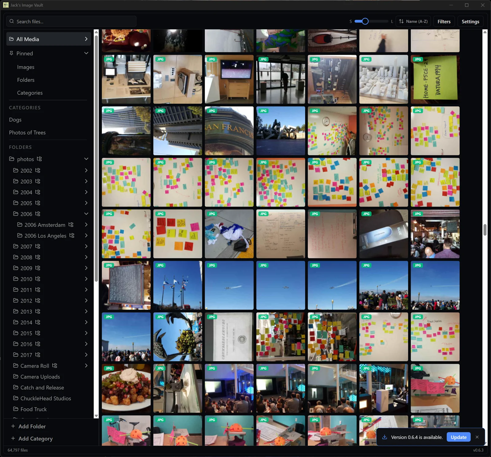 The main library view: a virtualized thumbnail grid beside a folder tree, categories, and pinned shortcuts. The upgrade mechanism is visible in the bottom right. **Note: My images used for testing.**