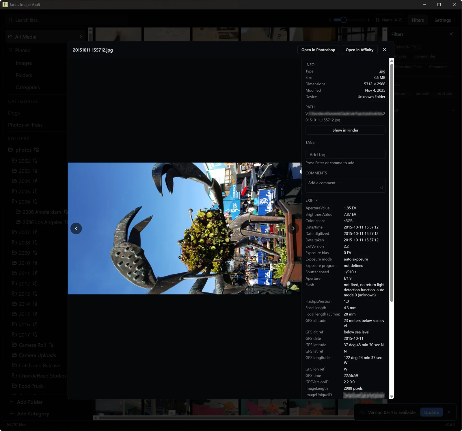 The preview panel carries a file's info, tags, comments, and full EXIF, with one-click open in Photoshop or Affinity. The original file never moves. **Note: Note: My images used for testing.**