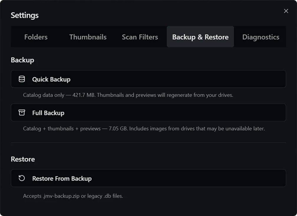 Backup & Restore: a quick catalog backup or a full archive that survives an offline drive.