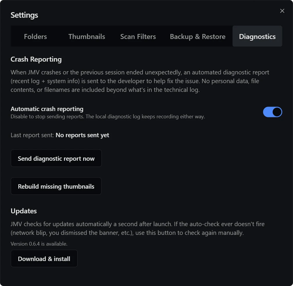 The Diagnostics panel: crash reports ship home automatically as a private log bundle, so I can fix problems Jack never has to notice or report.