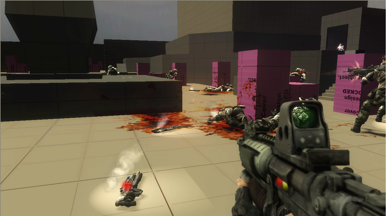 Motion study — low-ammo warning pulsing on dropped weapons and the weapon in hand.
