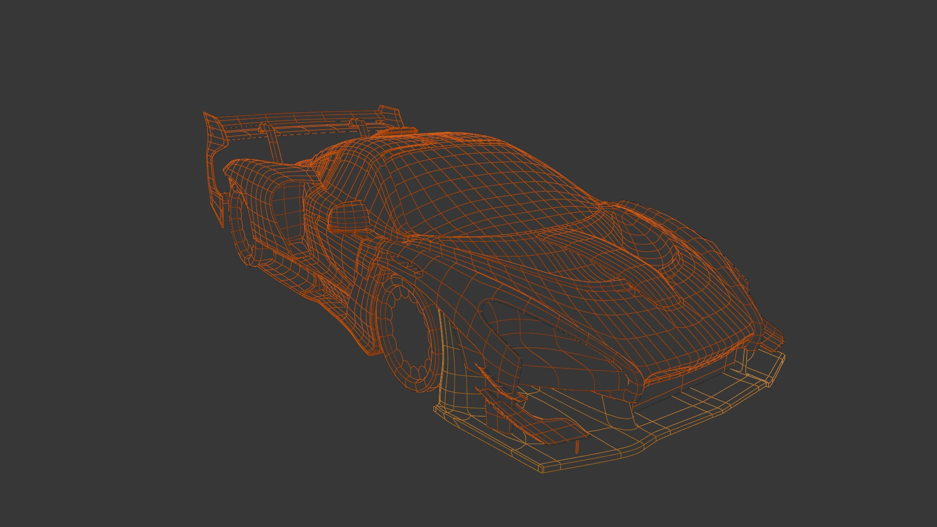 The same model in wireframe — the edge flow that holds the curvature together.