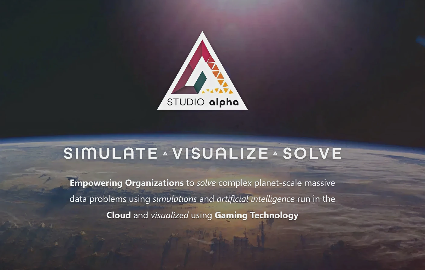 The org's positioning slide: simulate, visualize, solve.