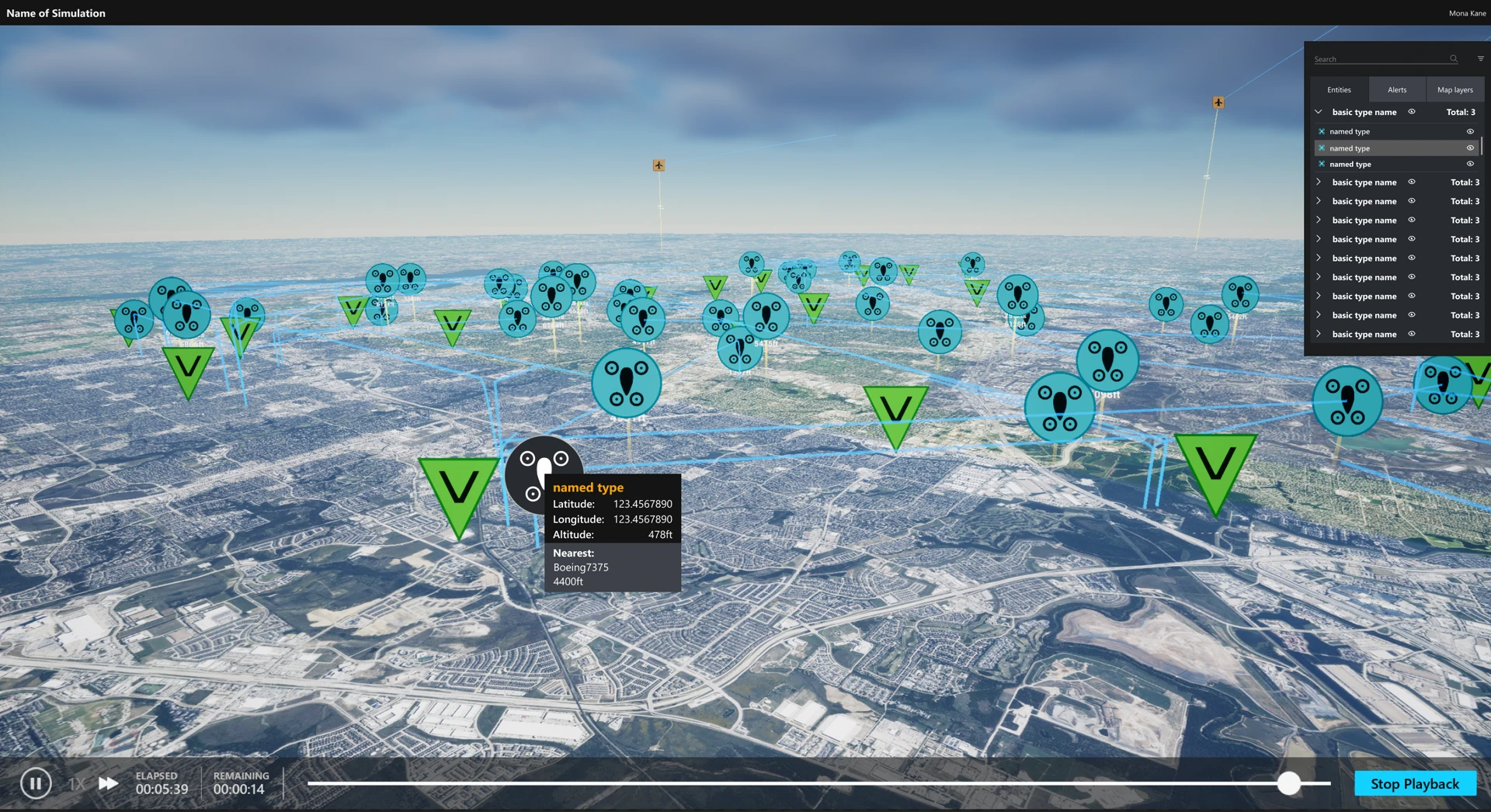 A running simulation over real satellite imagery, with entities moving across it. I designed all visual elements in this screenshot excluding the satellite imagery and cloud material.