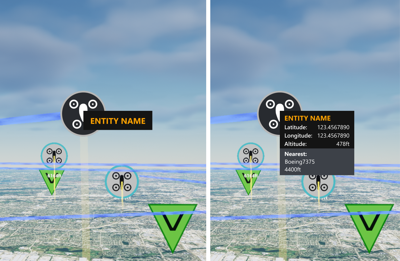 The default info card on the left (just enough to identify an entity) next to a more customized version on the right showing a deeper level of detail.