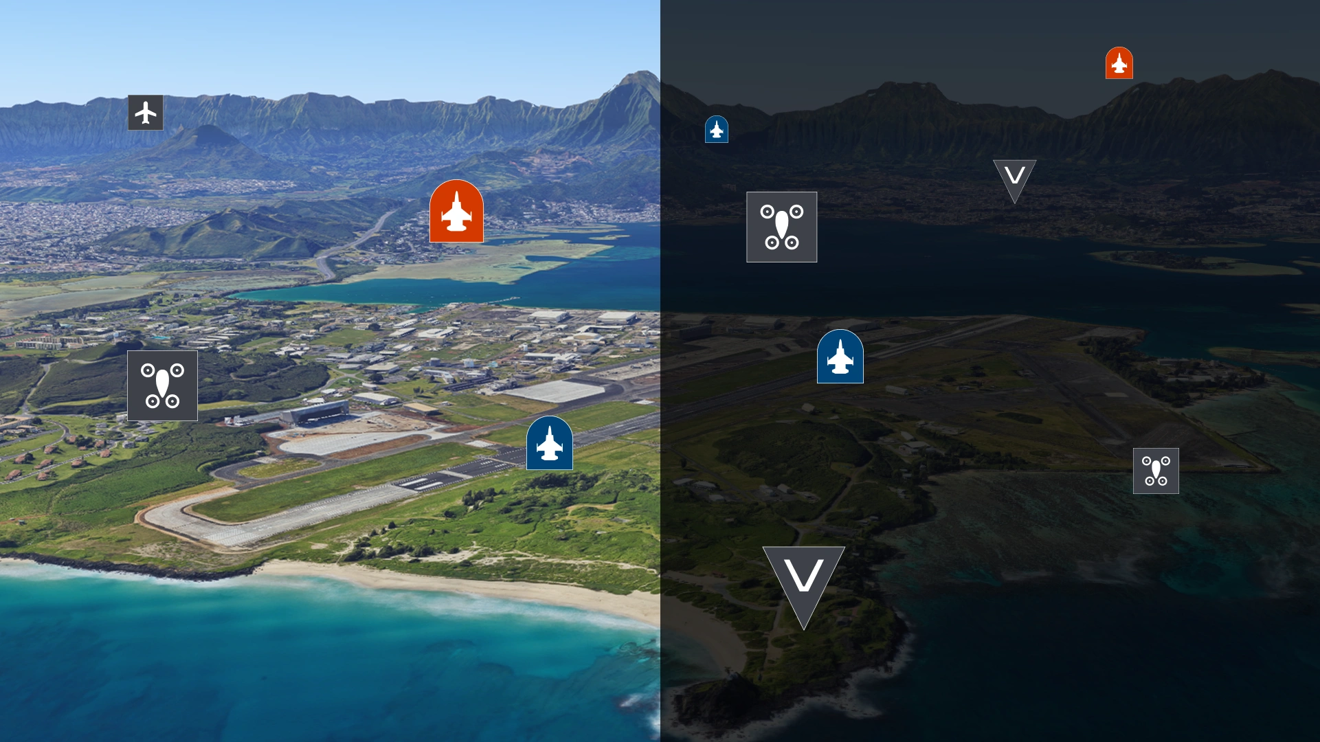 An early static evaluation of icons in progress, shown at different scales and against simulated day and night backgrounds to test readability before importing into Unreal.