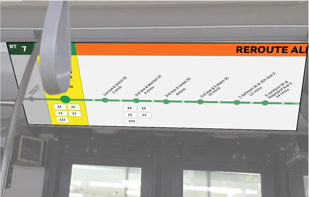 Overhead sidewall display — the route map with a reroute alert.