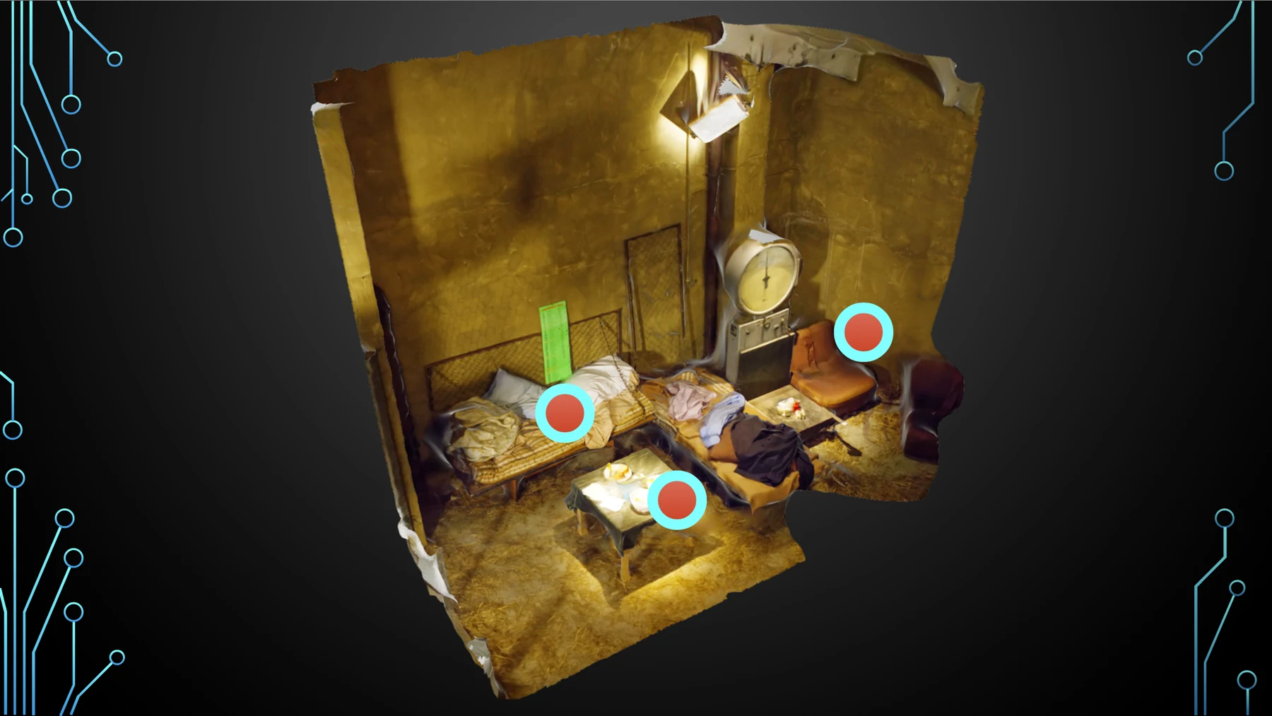 A captured room with evidence hotspots.