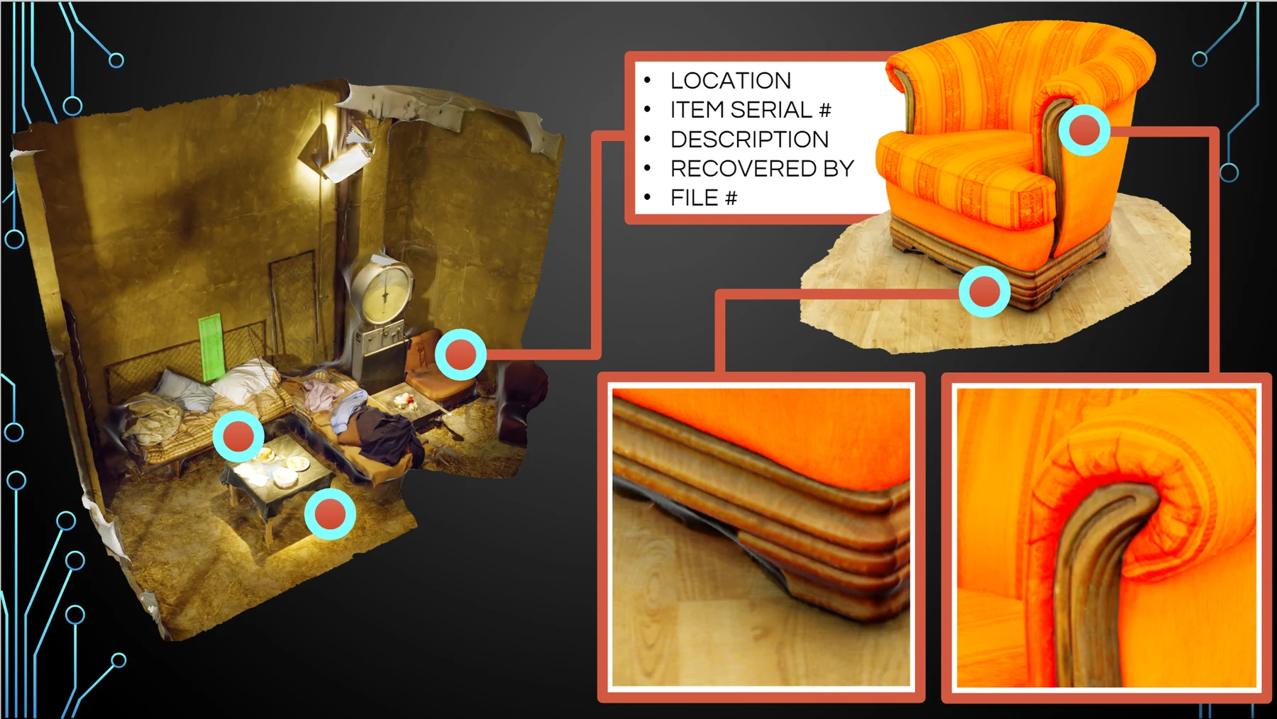 The chair's own hotspots open the investigator's detail photographs of those exact areas.
