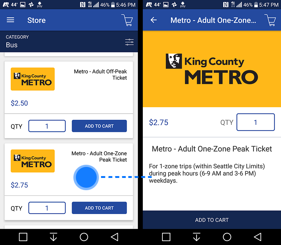 Default purchase screen (left) and the tap-to-reveal info screen (right).