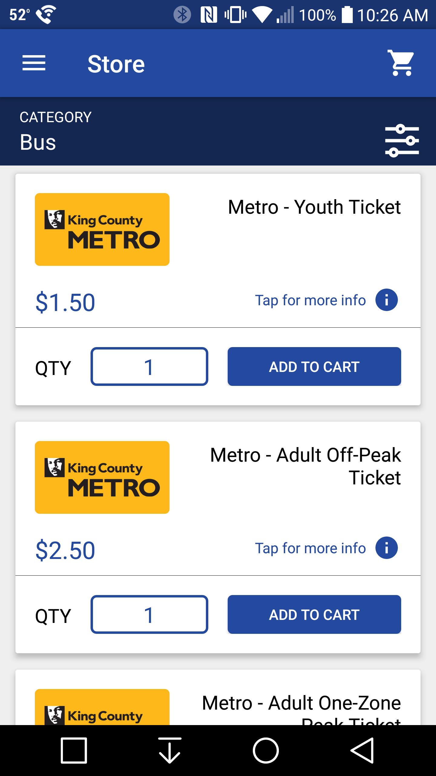 A later shipped Transit Go update — Bytemark added a "Tap for more info" signifier to each ticket.
