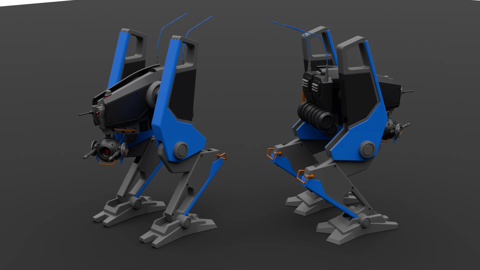 Two views of the finished mech, materials and lighting applied.