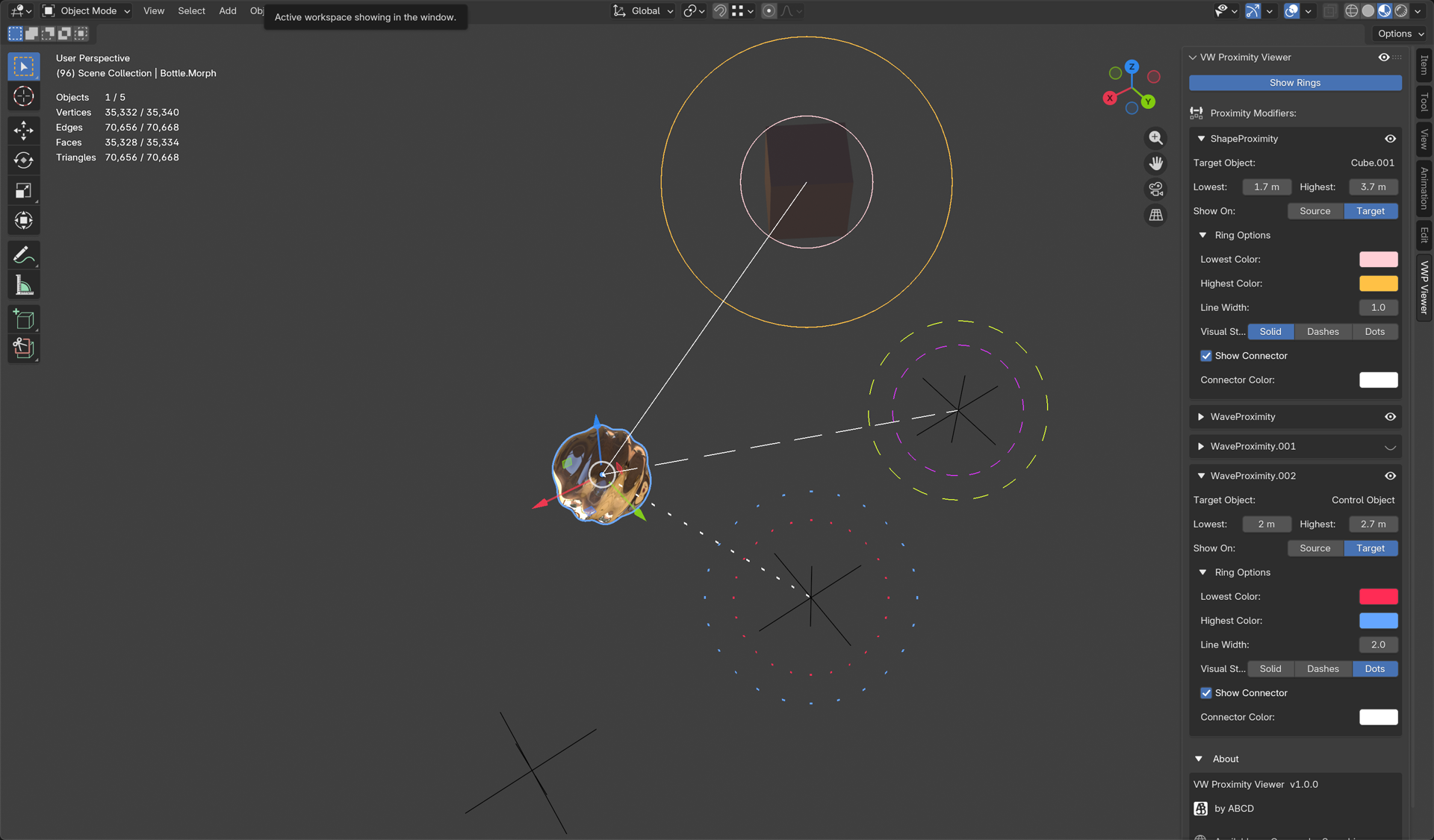 VWPV drawing min and max proximity rings on a rig, with per-modifier controls in the N-panel. Note: Additional control objects shown for screenshot purposes.
