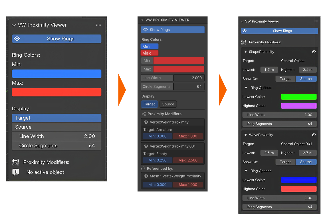 Three passes at the panel: Claude's initial take on my ask, then my rework of that draft, then the 1.0 after I had tested the tool and iterated further. The shipped version groups the controls per modifier, so each one's target, distance range and ring styling collapse together.
