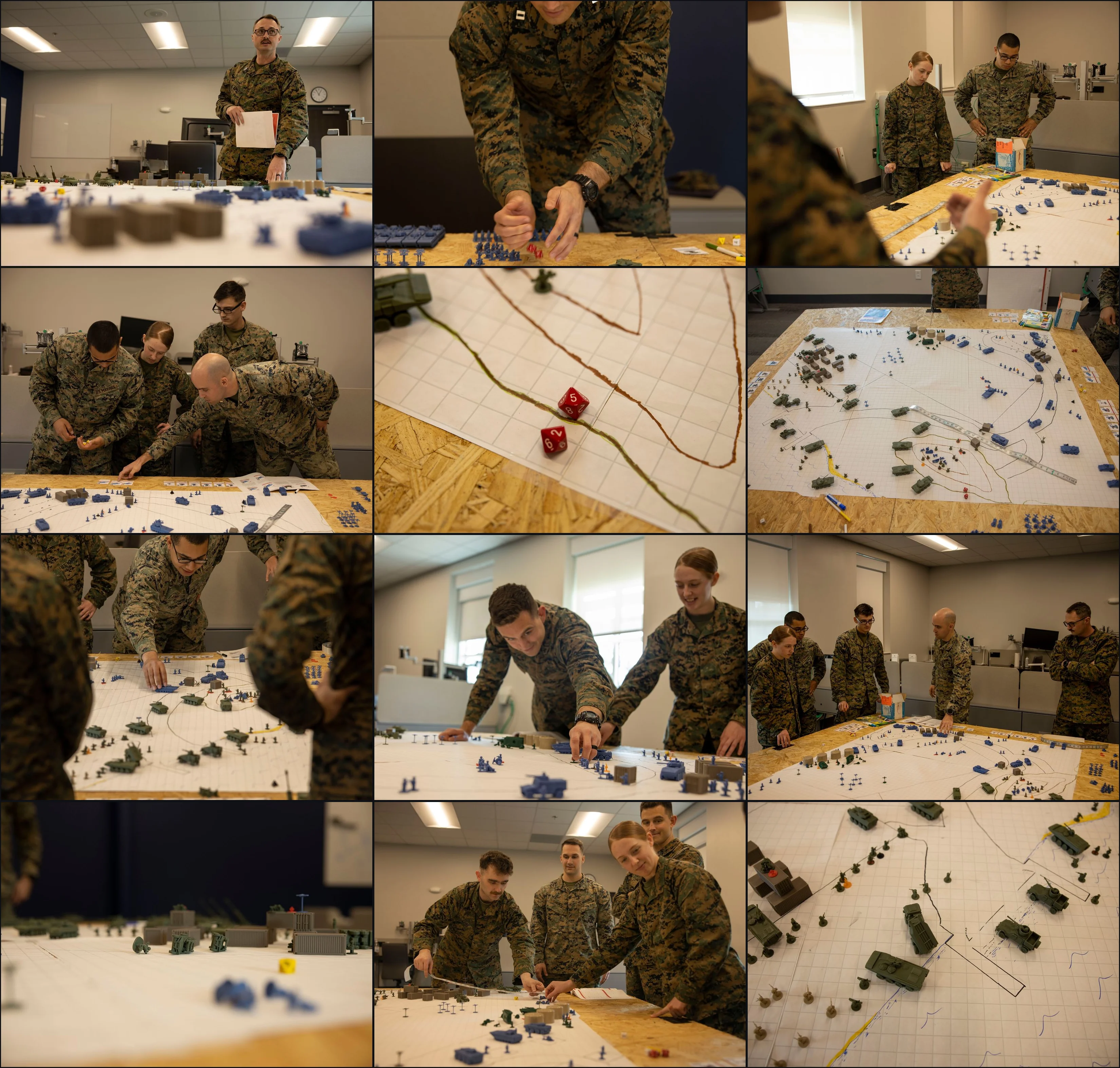 The same process run at table scale, with physical markers standing in for units. U.S. Marine Corps photo by Cpl. Marc Imprevert.
